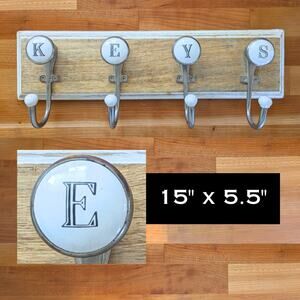 Rustic Wood "KEYS" Wall Mounted Key Rack 4 Metal Hooks Ceramic Knobs Farmhouse